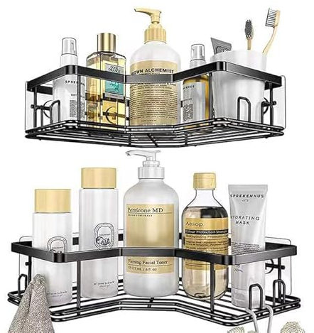 ASelected Paquete de 2 organizadores de ducha adhesivos de esquina, con soporte para pasta de dientes y 8 ganchos, organizador de baño de acero inoxidable inoxidable con 4 ganchos móviles, estante