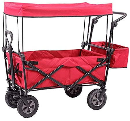 Zusammenklappbarer Mehrzweckwagen mit Dach – Campingwagen mit Bremsen, Tragkraft 100 kg – Outdoor-Gartenwagen – faltbarer Bollerwagen