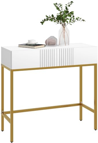 HOMCOM Consolle da Ingresso con 2 Cassetti 80x31.5x75cm Bianco | Tavolo Consolle, Gambe Dorate, per Soggiorno e Salotto