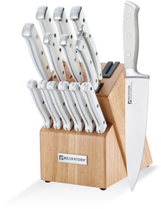 Muller Kitchen Lot de 15 couteaux en acier inoxydable allemand de première qualité, manche forgé antidérapant, bloc en bois, ultra net et durable (15 pièces - Blanc)