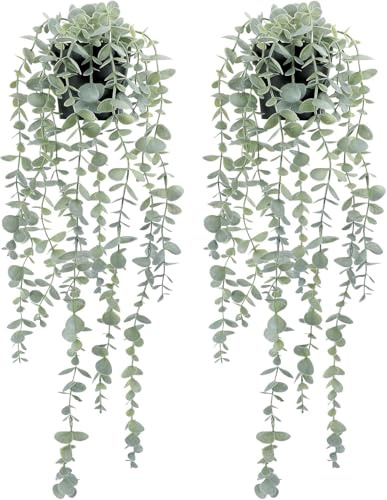 RIOFOGO Künstliche Pflanze Hängend, Eukalyptus Künstliche Hängepflanzen,Hängepflanze Künstlich wie echt Eukalyptus Deko Hängend für Wand, Zimmer, Zuhause, Innen- und Außenbereich 2 Stück