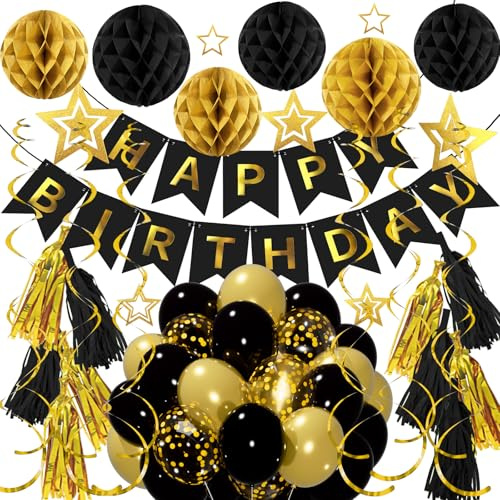 Schwarz Gold Geburtstag Dekorationen - Happy Birthday Girlande Party Zubehör mit Wabenball, Quaste, Hängende Wirbel Streamer für Männer Frauen Geburtstag Party Dekorationen
