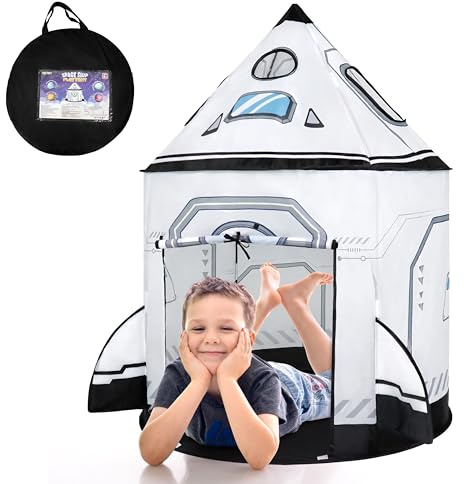 2025 New Rocket Ship Space Kids Play Tent, Pop up Play Tent for Kids, Indoor & Outdoor Spaceship Playhouse Set for 1 2 3 Year Old Birthday Gift