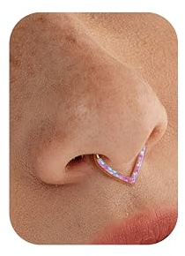 BodyBonita Opal 16G Teardrop Septum Piercing Jewellery - 316L Surgical Steel Hinged Nose Rings Hoops Septum Clicker Conch Helix Piercings Jewellery Daith Cartilage Earring Pink 8 mm Gold