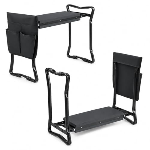 Aufun Panca 2 in 1 per sgabelli da giardino, giardinaggio, con cuscino in schiuma Eva, imbottita, pieghevole, per lavori in casa e in giardino, fino a 150 kg, con 2 tasche da lavoro, 60 x 50 x 28 cm
