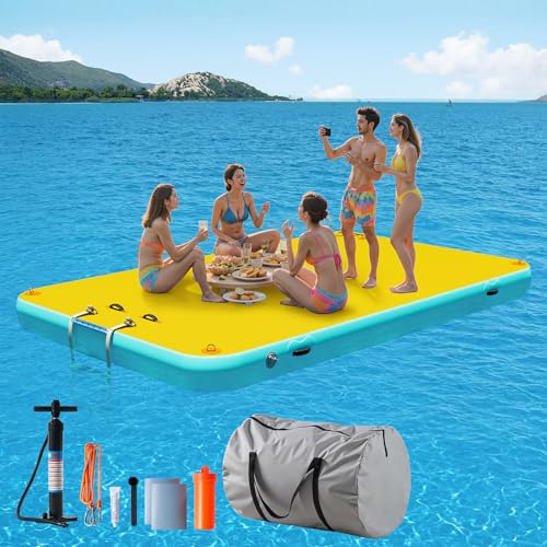LUXOAK Aufblasbarer Schwimmdock – 310x190 cm mit Tragetasche und Abnehmbarer Leiter, Schwerlast-Wasserplattform mit Rutschfester Oberfläche, Ideal für See, Fluss, Ozean, Gelb