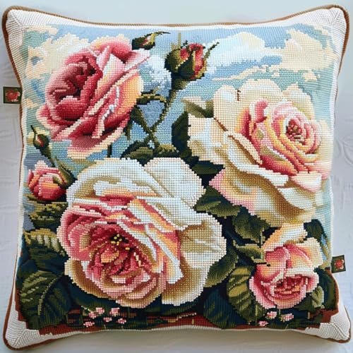 Kit De Cojín Con Gancho De Pestillo Kits De Costura De Fundas De Almohada Con Flor Rosa Rosa 43X43 Cm Kits De Hilo De Ganchillo Para Bricolaje Kits De Punto De Cruz Kits De Bordado Latch Hoo