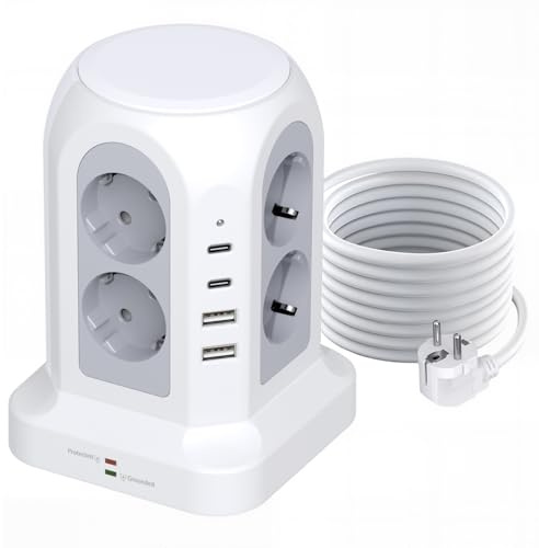 Vexloria Torre Regletas Enchufes, Regleta USB 8 Tomas de AC y 4 USB Enchufe Multiple, Alargador 2M, Regleta Enchufes Proteccion Sobretension con Interruptor, para Mesa, Oficia, Casa