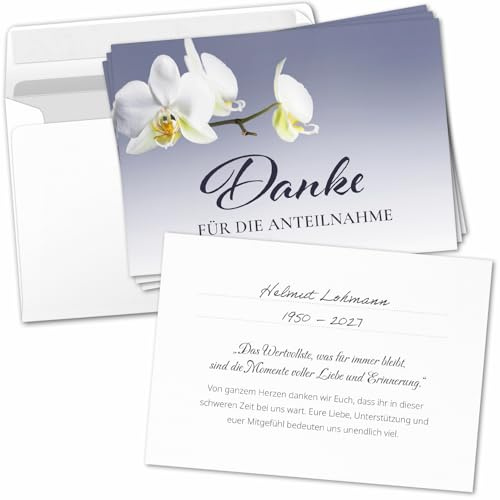 Einladungskarten Manufaktur Hamburg 8 Trauer Danksagungskarten ausfüllbar mit Umschlag - Danke Trauerkarten Postkarten nach Beerdigung zum Ausfüllen mit Text Motiv Orchidee