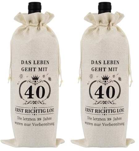 2 Stück 40 Geburtstag Weinflasche Tasche Jute, Geschenke zum 40 Geburtstag Mann Frau, Wein Geschenkbeutel Flaschen mit Kordelzug Wein Geschenktasche Weinflaschen Geschenktüten für Sektflaschen