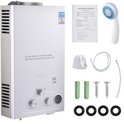 Scaldabagno a Gas Propano GPL 16L, Scaldabagno Istantaneo Senza Serbatoio da 32KW con Kit Doccia, Scaldino a Gas da Esterno o Interno Bruciatore per Caldaia per Campeggio, Camper, Casa (12L)