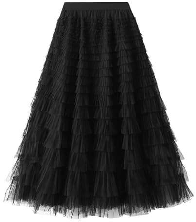Maeau Jupon Longue Longues Fille 5 6 Ans Robe Tulle Été Jupe en Dentelle Évasée Jupes Plissée Elegant Jupe Maxi A Line Jupes Longueur Chic Skort Midi Dance Noir