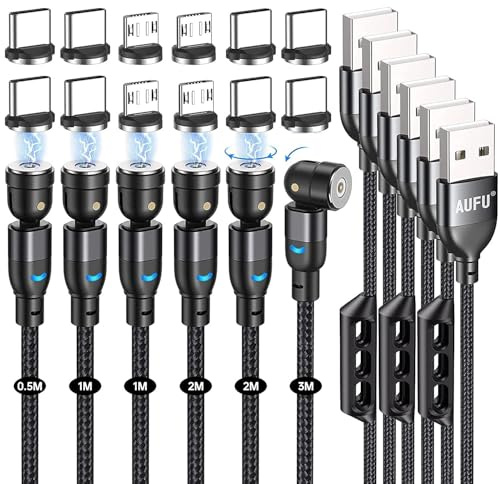 AUFU Magnetic Charging Cable, Magnetic Charger Cable 6 Pack [0.5m/1m/2m/3m], USB C 360° and 180° Rotatable With Micro/Type C for Smartphone