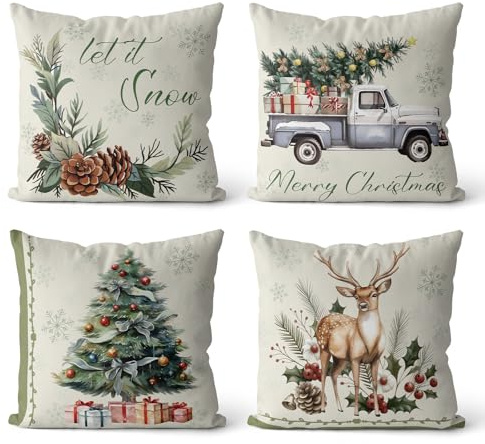 Weihnachten Kissenbezug 45x45 cm- 4er Set Kissenbezüge mit Verstecktem Reißverschluss, Kissenhülle Weihnachten für Weihnachtsdeko Innen, Aesthetic Deko Wohnzimmer Sofa Schlafzimmer Pillow Cover