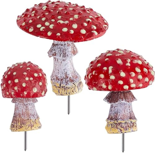 JACKANNA Pilze Deko 3 Stück Fliegenpilz Deko Rote Pilzdekoration Für Den Garten Leuchtende Pilzstatue Im Garten Bei Nacht Hof Weg Landschaft Rasen Halloween Weihnachtsdekoration Blumentöpfe Zubehör