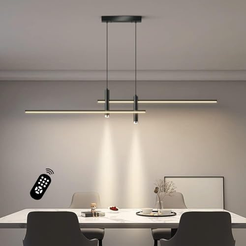 Yuelux Moderne LED Pendelleuchte für Esstisch & Esszimmer - Dimmbar, Höhenverstellbar mit Fernbedienung - Hängeleuchte Küche, Büro, Wohnzimmer - Kronleuchter mit Linearem Design (Schwarz, 150cm)
