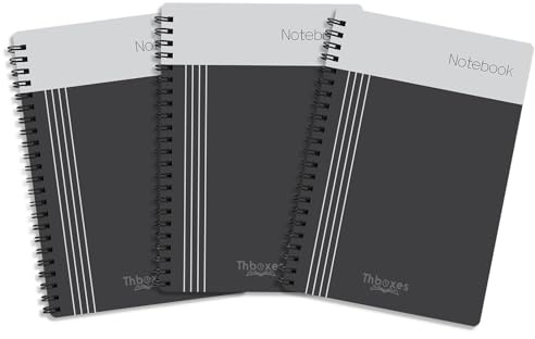 Thboxes A4 Spiral Notebooks 3 Pack, College Ruled, Black | 200 Pages Each, Thick Paper, 4-Hole Punched, Perforated Pages, Lay-Flat Twin-Wire Binding, Inner Pocket