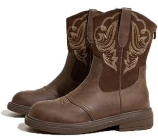 Damer Korta Kängor med Mellanklack Europa USA Broderad Western Cowboy Ryttare Kängor Läder Sammansättning Rund Tå Design Gång Vandring Arbete