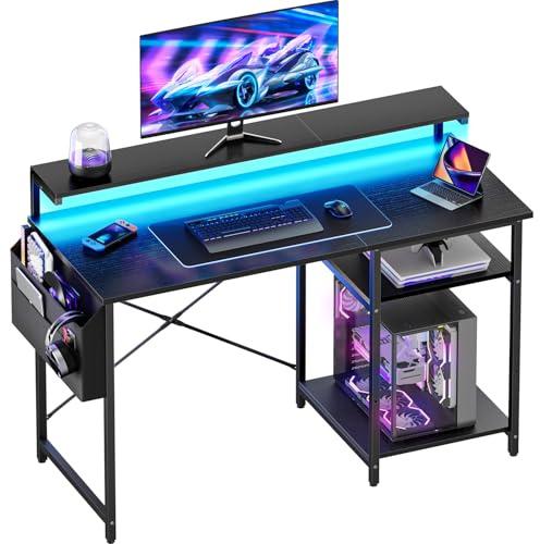 DLONGONE Gaming Desk with LED Lights and Adjustable Monitor Stand, 100x48cm | Computer Desk with Storage Shelves and Storage Bag, Ideal for Study, Bedroom and Living Room, Black PC Table, Easy Assembly