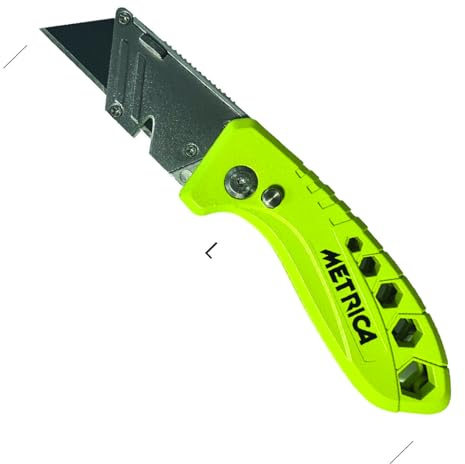 METRICA Couteau utilitaire – lame trapézoïdale standard – changement rapide sans outil, lame rétractable, corps métal/grip – cutter pro pour cartons & chantier