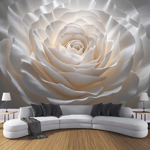SMBHIAON Carta Da Parati Fotografica Eleganti Rose Bianche, Fiori In Rilievo Murales Fotografici,Carta Da Parati Per Soggiorno 150L×105Acm, Giallo Decorazione Da Parete Per Camera Da Letto