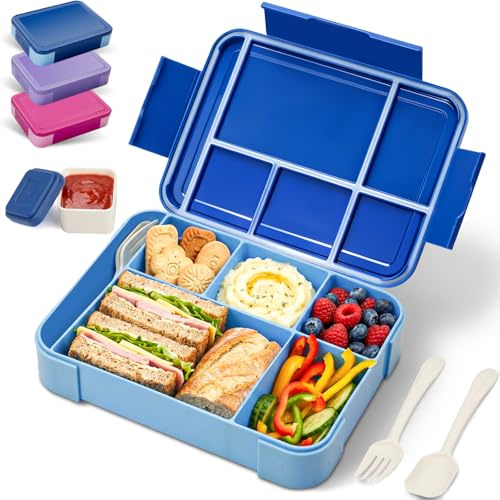 BIBURY Lonchera para niños y adultos, lonchera Bento a prueba de fugas con 5 compartimentos y olla para salsa y cubiertos, sin BPA, apta para microondas y lavavajillas, caja de sándwich para niños y