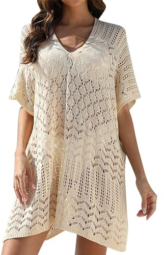 YGERGWE Beach Cover Up Women Crochet Beach Dress Kaftan Ladies Swimwear Cover Up Summer Holiday Pool Bikini Coverups V Neck Hollow Out Vacation Outfits