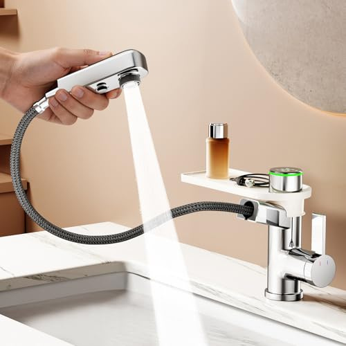 KAIYING Bad Waschbecken Ausziehbar mit Temperaturanzeige (Batterielos) | Einhebelmischer Waschtischarmatur mit Herausziehbarer Brause, Bad Wasserhahn mit 3 Modi, Einloch Mischbatterie, Chrom