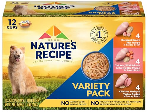 Nature’s Recipe Chicken, Salmon and Turkey Recipes Variety Pack Wet Dog Food, 12-2.75 oz. Cups, 2 Count