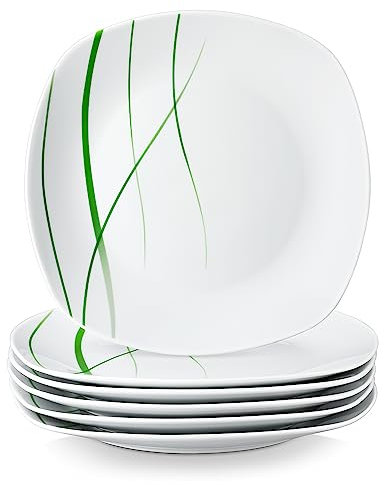 VEWEET Juego de 6 Platos Llanos 24,7 x 2,2 cm, Platos de Cerámica, Platos Cuadrados de Porcelana, Platos de Pasta para 6 Personas con Líneas Verdes, Aptos para Microondas y Lavavajillas, Serie AVIVA
