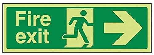 VSafety Warnschild „Fire Exit“, 450 x 150 mm, selbstklebendes Vinyl, leuchtet in der Dunkelheit, Pfeil rechts