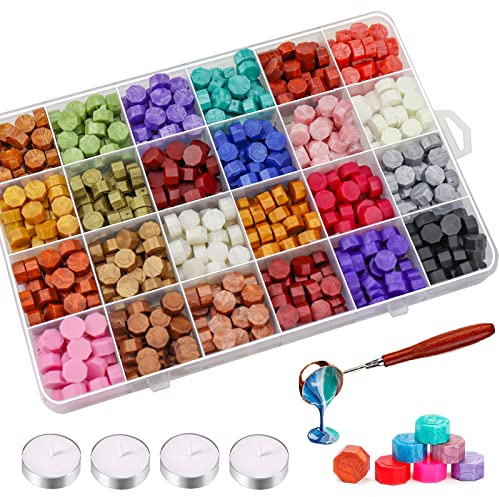 Jxunter 600 Stück Siegelwachs Perlen Set, Vintage Bunt Siegel wachssiegel, mit 4 Teelichtern und 1 Wachsschmelzlöffel für Wachssiegelstempel (24 Farben)