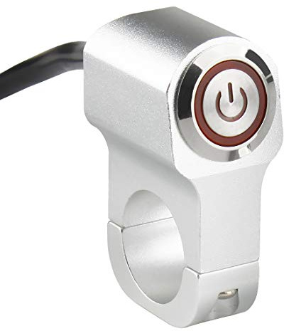 Larcele Motociclo Manubrio Faro Interruttore a Pulsante con Anello e Simbolo di Potenzab Indicatore Luminoso, Diametro Universale 25mm SBKG-07(Argento,Rosso Indicatore Luminoso)