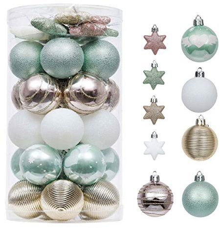 Valery Madelyn Weihnachtskugeln 35 Stücke 5CM Plastik Christbaumkugeln Weihnachtsdeko mit Stern Aufhänger Weihnachtsbaumschmuck Eleganter Palast Thema Mintgrün Rosa Gold