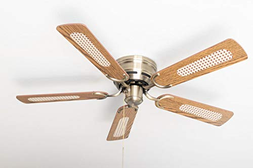 Ventilador de techo Kisa Deluxe latón antiguo sin luz - ala de roble/nogal incluyendo el interruptor de tirar
