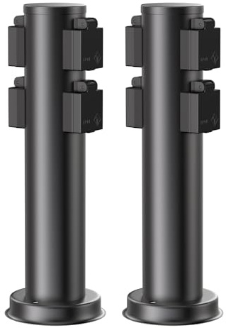 ledscom.de 2X Garten Steckdosensäule PORU für außen, IP44, 4-Fach, Edelstahl, schwarz, rund, 39 cm