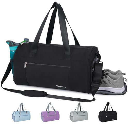 Sporttasche Damen Herren Reisetasche mit Schuhfach & Nassfach Schwimmtasche Weekender Trainingstasche Tasche für Gym Fitness Urlaub Übernachtung, Schwarz (Upgraded Tasche)