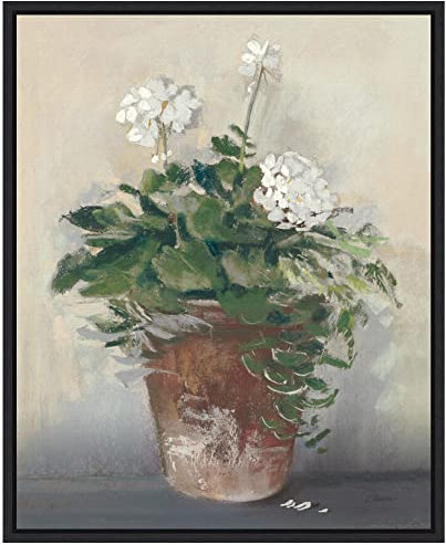 Amanti Art Gerahmte Leinwand, 50,8 x 40,6 cm, Topf mit weißen Geranien von Carol Rowan, gerahmte Wandkunst, Leinwand, Blumen-Kunstwerk, moderne zeitgenössische Dekoration, kleines Poster, Gemälde für