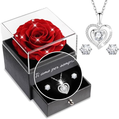 Yamonic Rosa Eterna Regalos Originales para Mujer,Rosa Eterna Natural Preservada con Collar y Pendientes de Plata de Ley 925,Flore Preservada Regalo Navidad San Valentin Dia de la Madre Cumpleaños