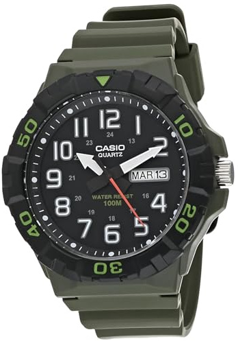 Casio Série MRW200H | Montre analogique pour Homme | Design Sportif | Étanche jusqu'à 100 mètres | Affichage de la Date | Lunette rotative | Heure régulière (HR, Min, Sec, PM, Date, Jour) | Pile de 3