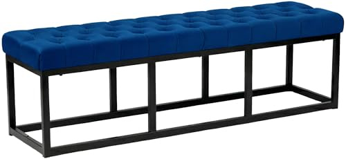 CLP Sitzbank Polson, modern, schwarzes Metallgestell, gestepptes Samt, Bodenschoner, für Wohnzimmer, Flur oder Schlafzimmer Farbe blau Größe 150 cm