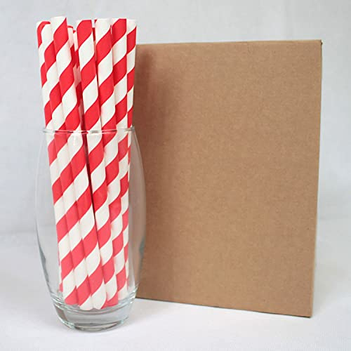 Bright Red & White Striped Paper Straws (10mm x 200mm) - Pack Size 200 - FSC Certified/Food Safe/PFAS Free/Biodegradable/Eco-Friendly/Durable/Ideal for Milkshakes & Smoothies