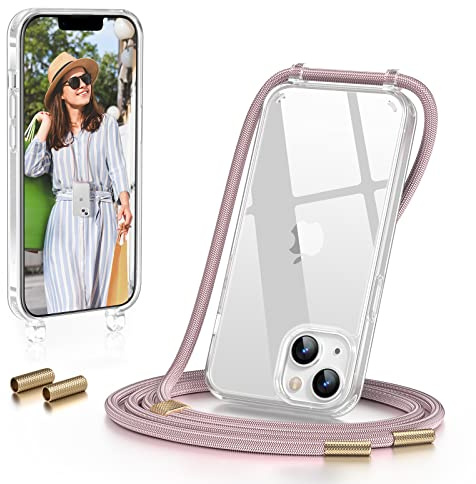 GOODVISH Handykette für iPhone 14 Hülle mit Band Transparent, Roségold | Kameraschutz und Bildschirmschutz, Necklace Handyhülle Schnur Schutzhülle für Umhängen 13 Hülle mit Kordel 6.1
