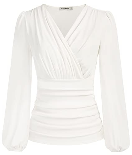 Ladies Tops for Women UK Autumn Winter Elegant V Neck Long Sleeve Loose Tee Blouse White M