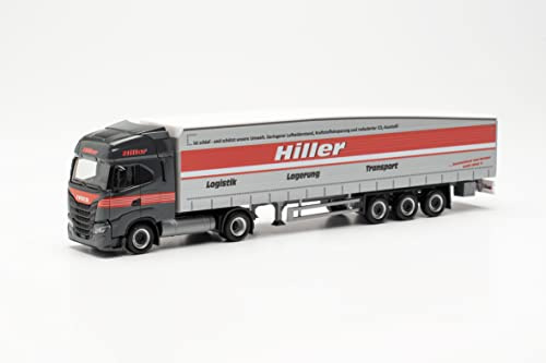 Herpa LKW Modell Iveco S-Way Schmitz Ecoflex-Sattelzug „Hiller Logistik“ originalgetreu im Maßstab 1:87, Modell LKW für Diorama, Modellbau Sammlerstück, Deko Miniaturmodelle aus Kunststoff