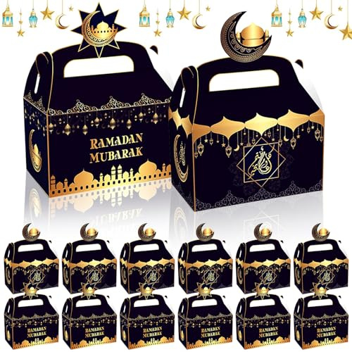 12 Stück Ramadan Geschenkschachteln, Eid Mubarak Geschenkkartons Schwarz Weiß Gold Papier, Ramadan Geschenkbox, Muslimische Ramadan Geschenktüten, Zugunsten Box für Islamischen Muslim Eid Party (B)