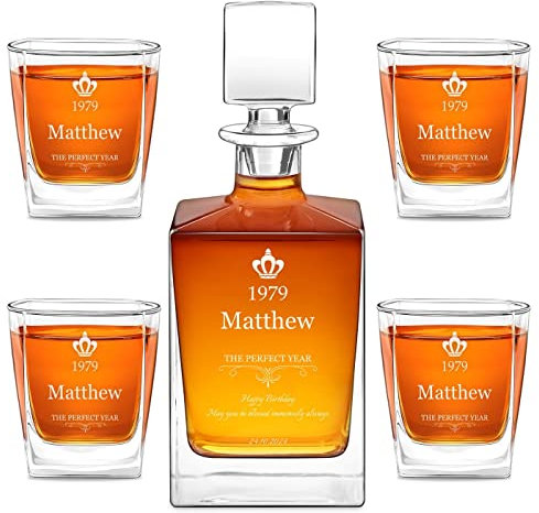 Maverton Geometric Whiskey Decanter and Glasses with Engraving - Symmetrical Carafe for him - 4/6 Customised Glasses for Man - Stylish Barware for Birthday - Whisky Set for Husband - Perfect