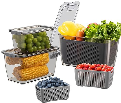 Luxear Juego de 3 Recipientes Alimentos 4 L+1,7 L+0,5 L para Nevera, Reutilizable, Recipientes Alimentos Frescos con Escurridor y Tapa, Contenedor Almacenamiento sin BPA para Verduras Frutas, Gris