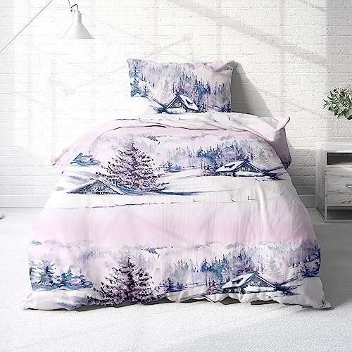 Träumschön Biber Bettwäsche Set 2tlg 135x200 cm + 80x80 cm – Flauschige Weihnachtsbettwäsche Rosa – Weiche Winterbettwäsche Winterlandschaft - Atmungsaktiv, Warm & Hautfreundlich - 100% Baumwolle