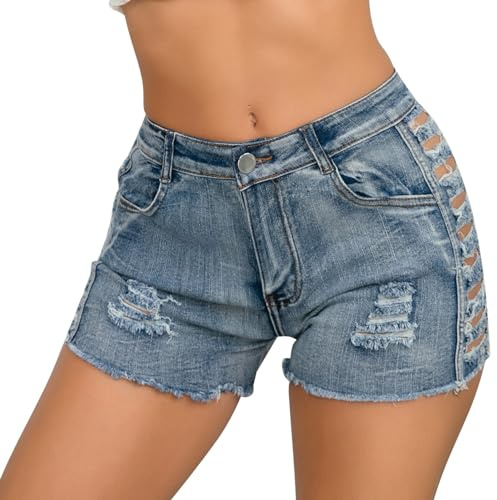 FEOYA Hotpants denimshorts för kvinnor hög midja sommar korta byxor slitna slim fit denim jeans shorts, 03 Bu, S